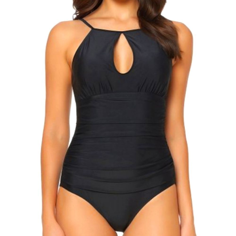 ELLEN TRACY Women's Black Keyhole high-neck One-Piece Swimsuit Bathingsu…